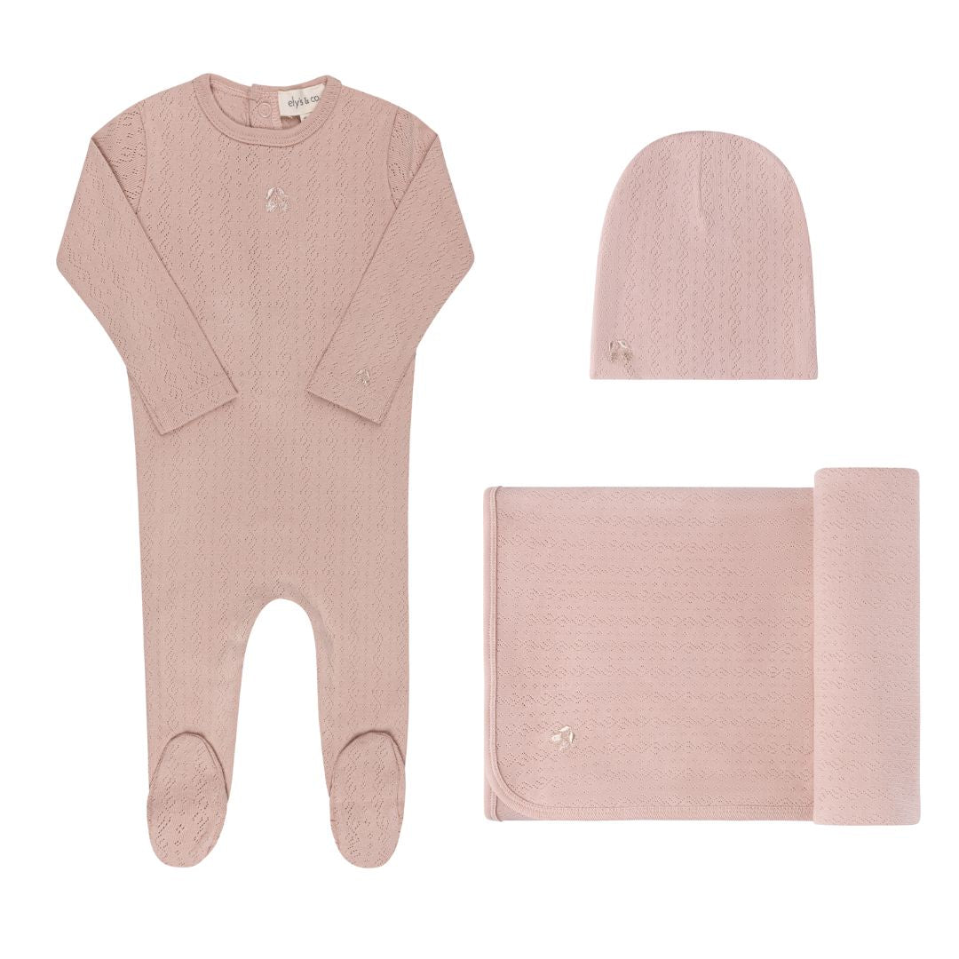 EMBROIDERED SQUIGGLE POINTELLE-PINK-3 PC SET