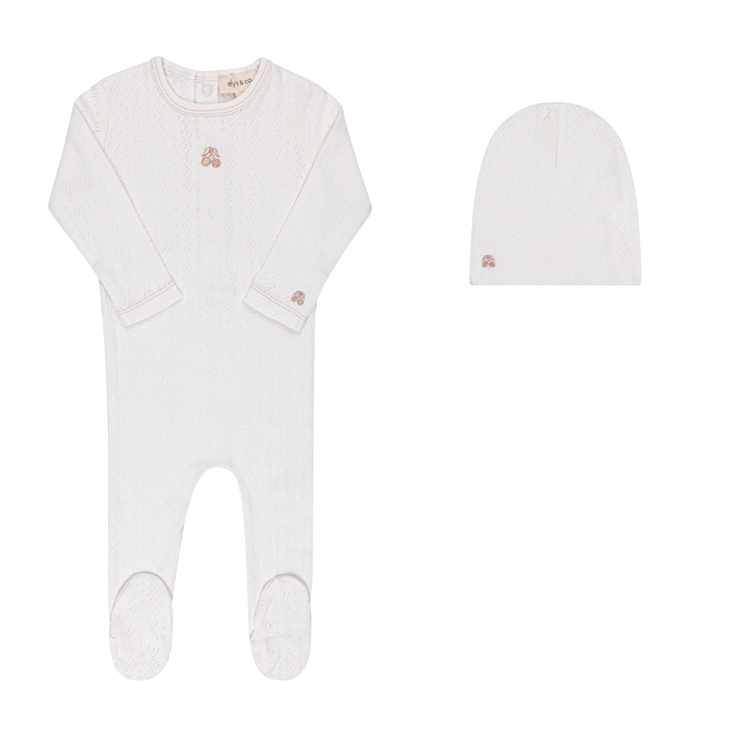 EMBROIDERED SQUIGGLE POINTELLE-GIRLS CREAM-FOOTIE/BEANIE SET
