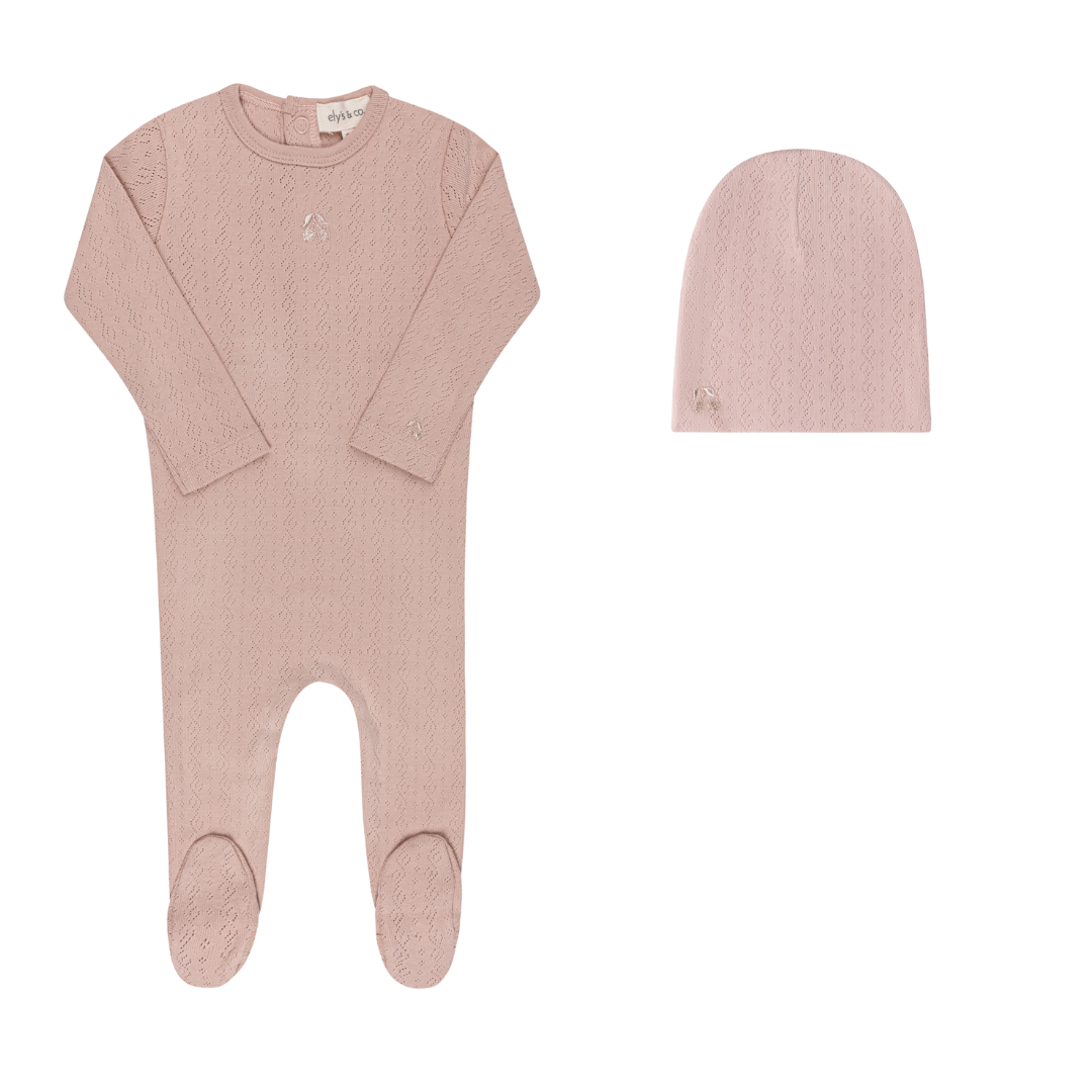 EMBROIDERED SQUIGGLE POINTELLE-PINK-FOOTIE/BEANIE SET