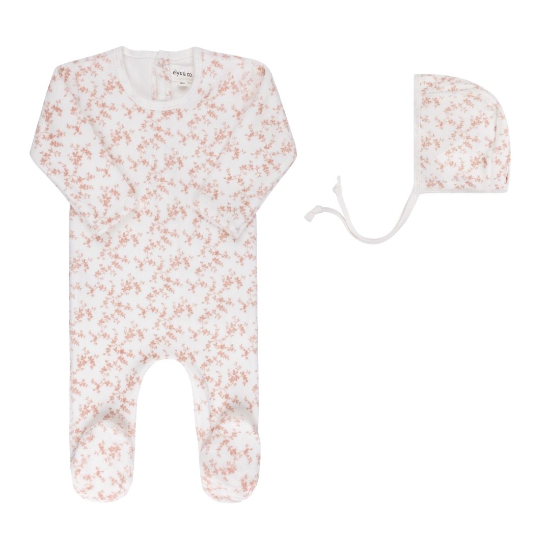 VELOUR VINE PATTERN- PINK/IVORY -FOOTIE/BONNET SET