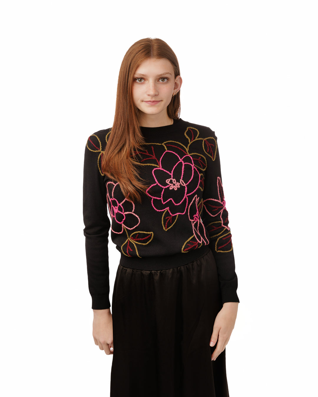 TW5071T-A-Black And Hot Pink Yarn Embroidered Knit Top