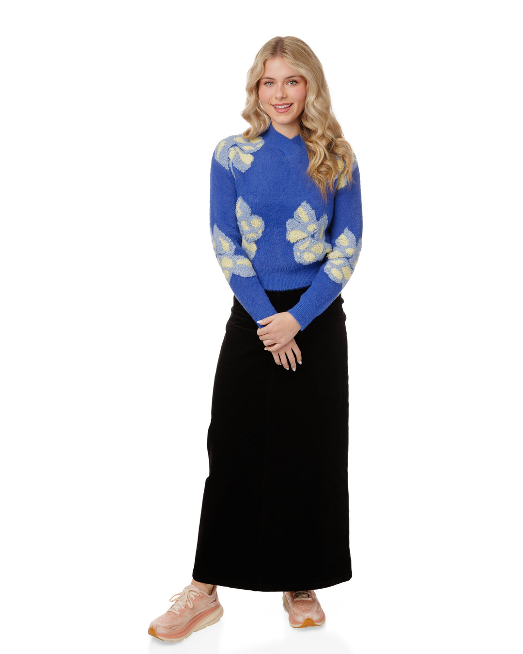 TW51234T-A-Fuzzy Sweater With Big Flowers Detail-Blue