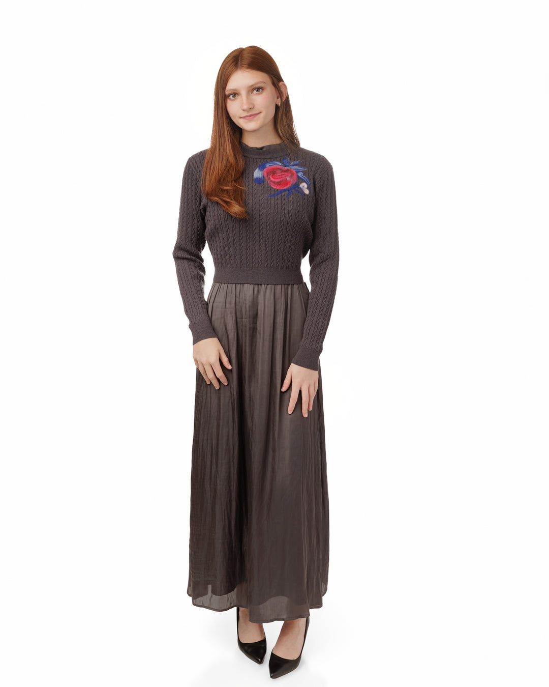TW51274D-A-Satin Dress With Knit Floral Overlay-Grey
