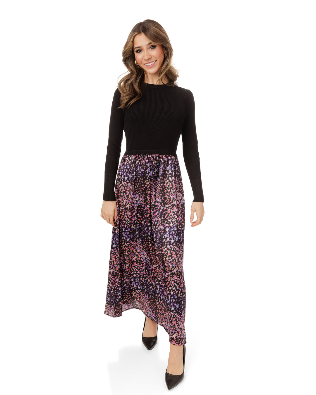 TW5603D-A-Pink And Purple Floral Dress With Attached Knit