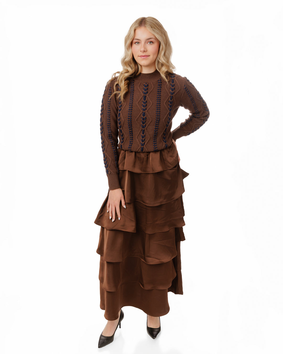 TW5804T-A-Brown And Navy Knit Top