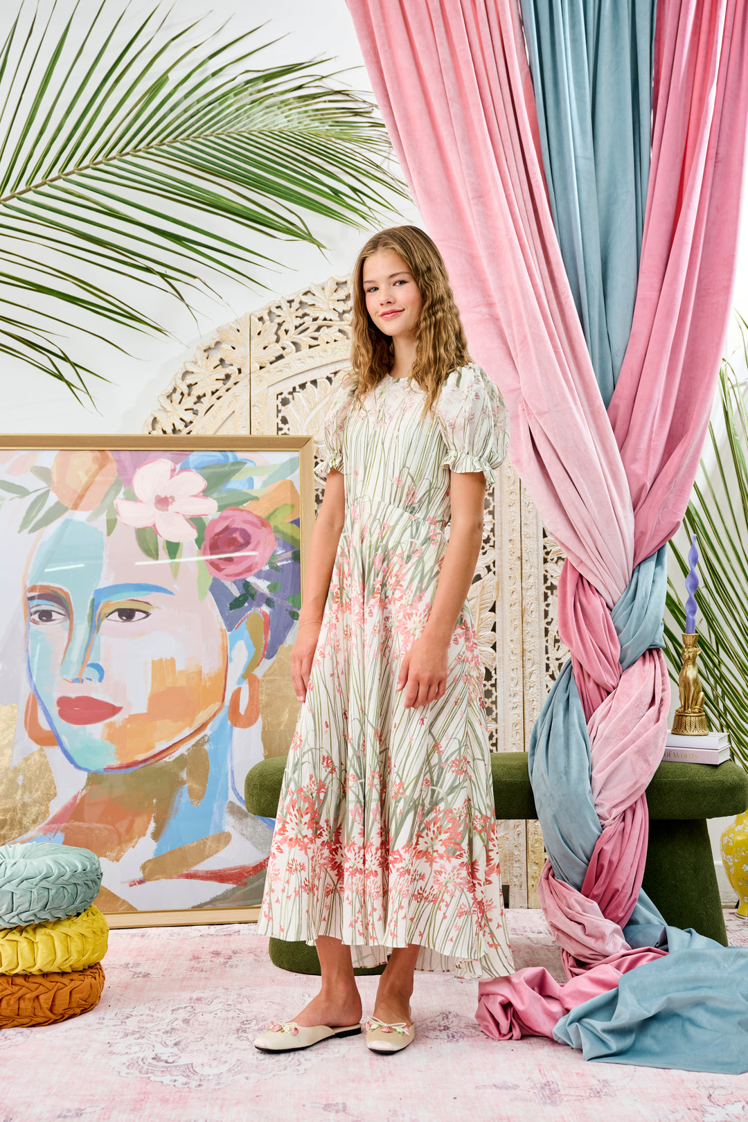 T-1042A-IVORY SATIN W/HIGH GRASS DESIGN WAISTED DRESS