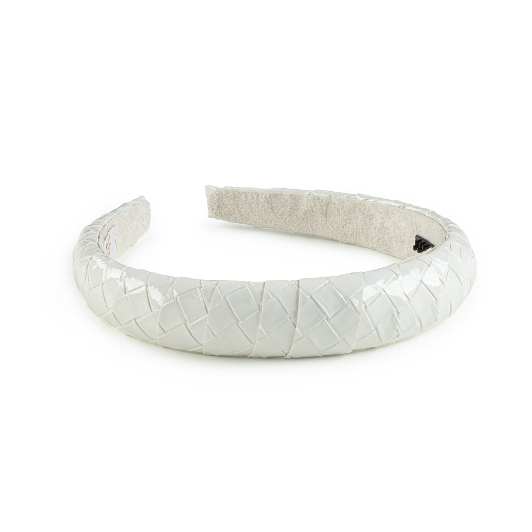 braih005-Poppy braided woven patent headband white