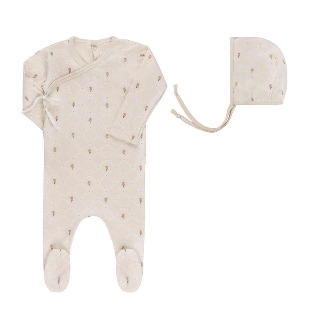 FLORAL GRID COLLECTION-FOOTIE/BONNET SET-Ivory/Pink