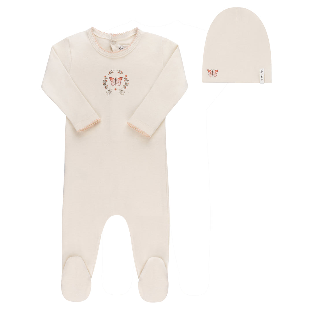 GARDEN FLORAL CENTER COLLECTION-FOOTIE/BONNET SET-Ivory Girl