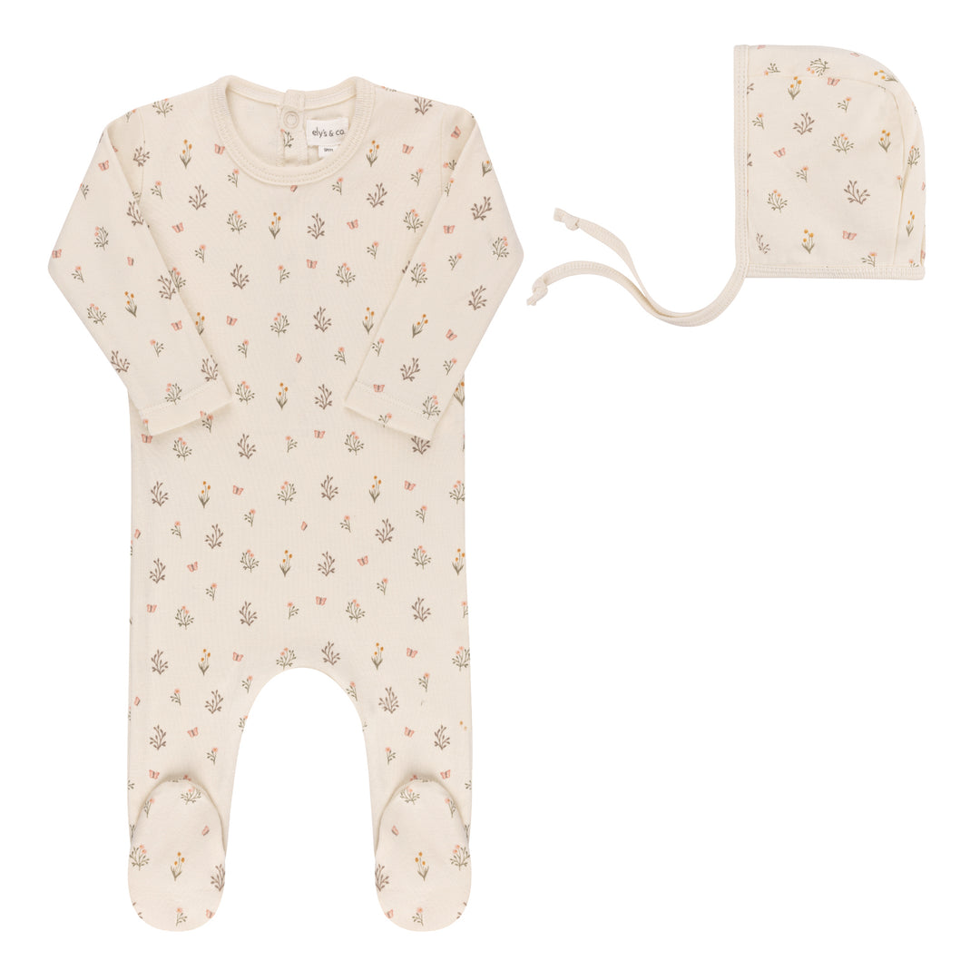 GARDEN FLORAL PRINT COLLECTION-FOOTIE/BONNET SET-Ivory Girl