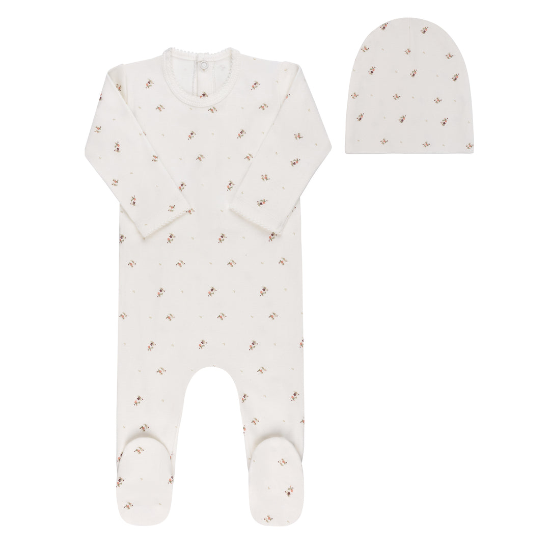 FLORAL PRINT COLLECTION-FOOTIE/BEANIE SET-Ivory/Pink
