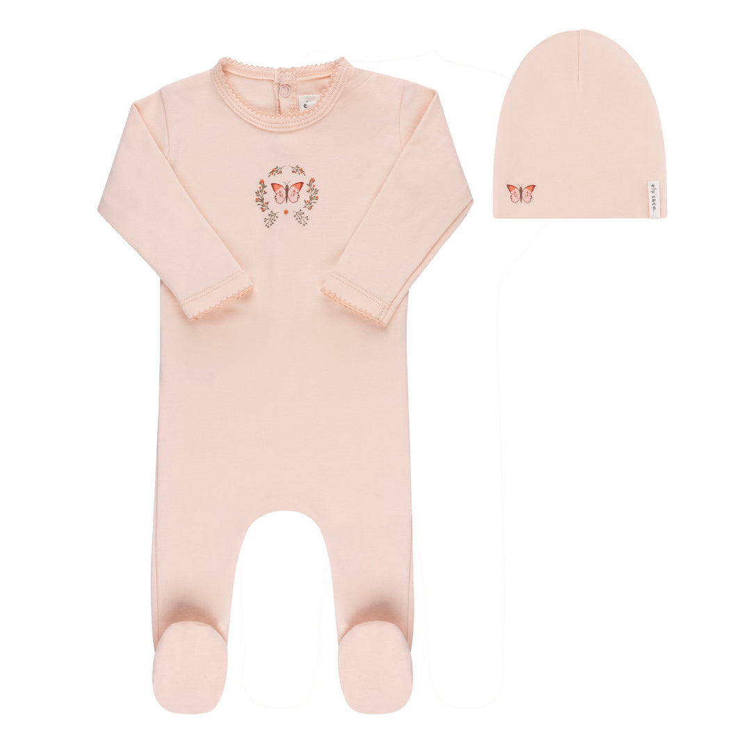 GARDEN FLORAL CENTER COLLECTION-FOOTIE/BONNET SET-Pink