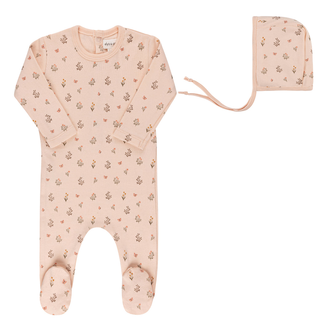 GARDEN FLORAL PRINT COLLECTION-FOOTIE/BONNET SET-Pink