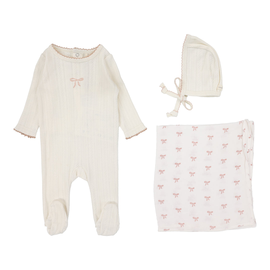 Pointelle Graphic Layette Set-Cream/Pink Bow