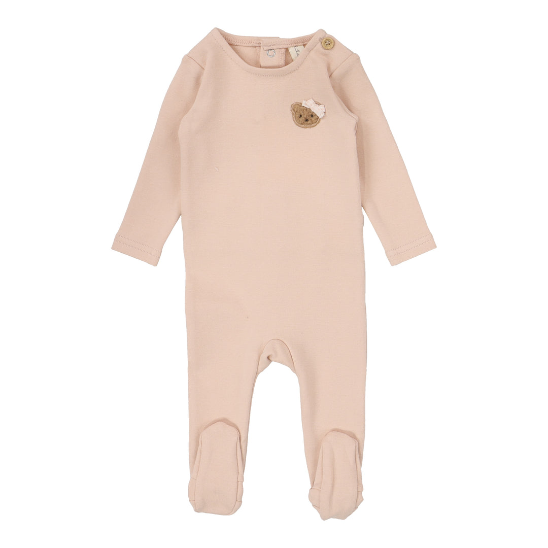Bear Applique Footie-Dusty Pink