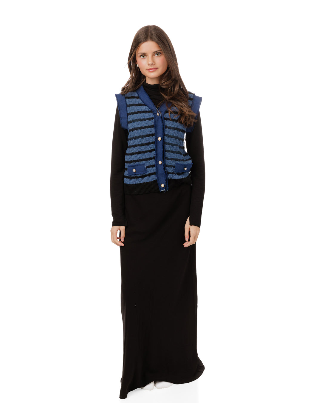 TW5856T-A-Blue And Black Striped Knit Denim Vest