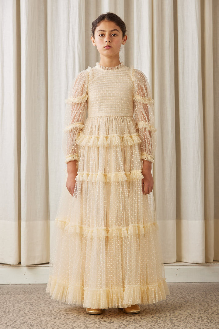 AW1136-Tulle Pleated Frill Dress-Cream