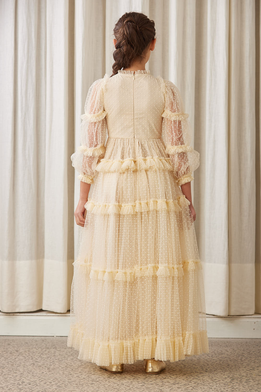 AW1136-Tulle Pleated Frill Dress-Cream