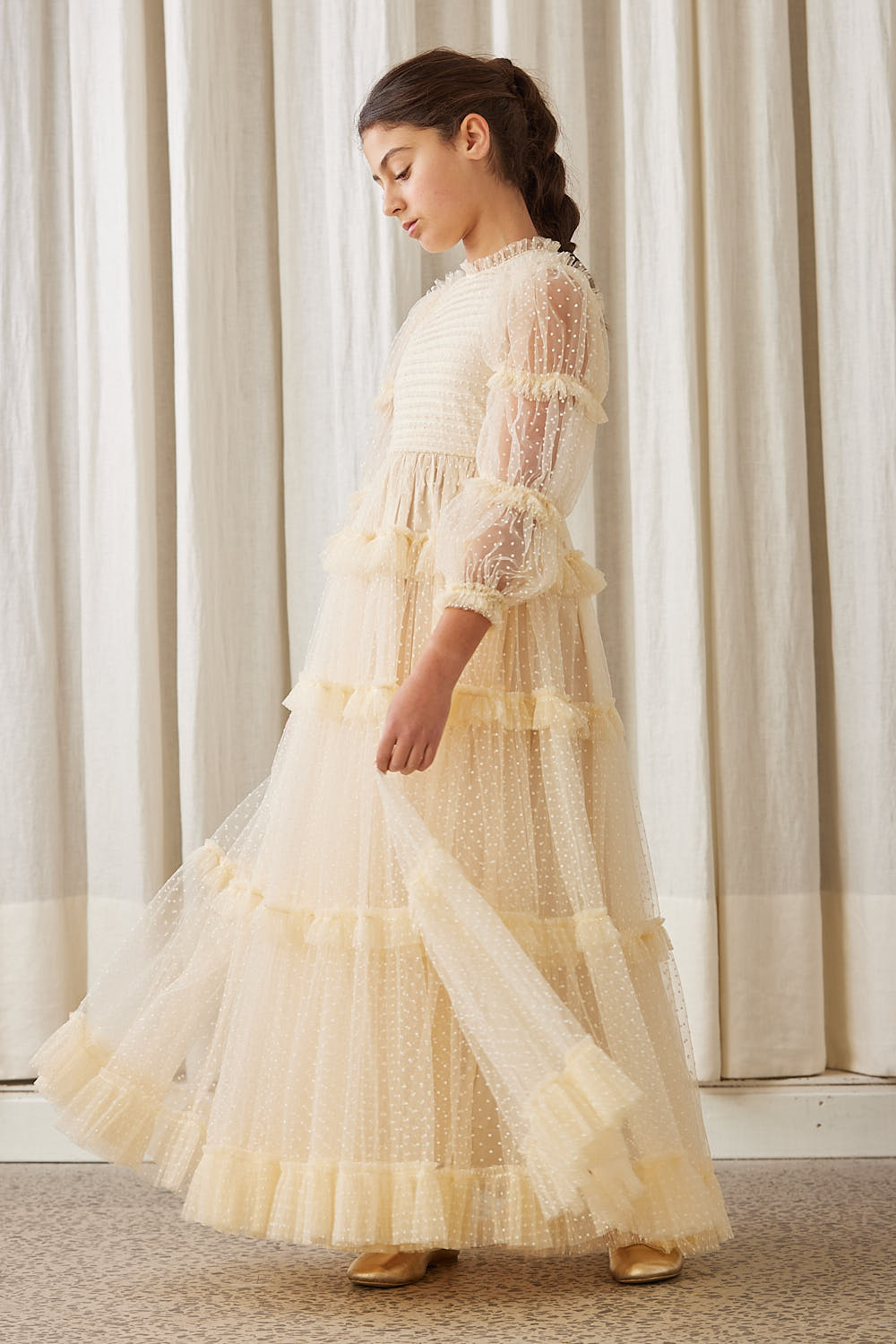 AW1136-Tulle Pleated Frill Dress-Cream