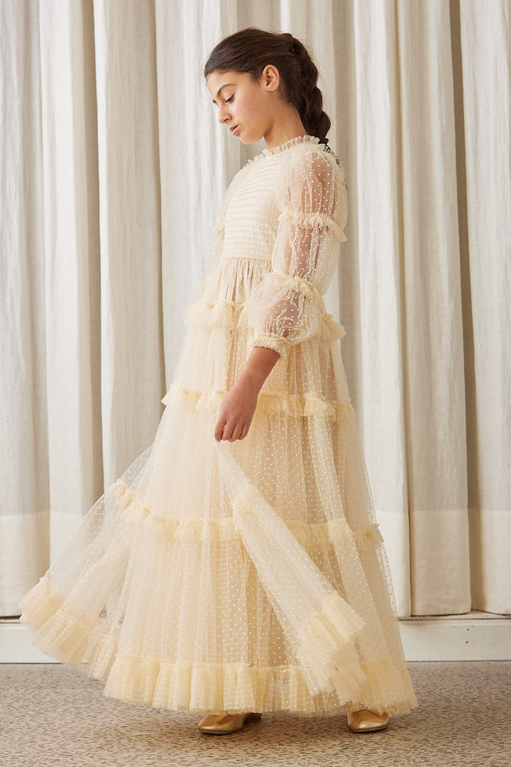 AW1136-Tulle Pleated Frill Dress-Cream