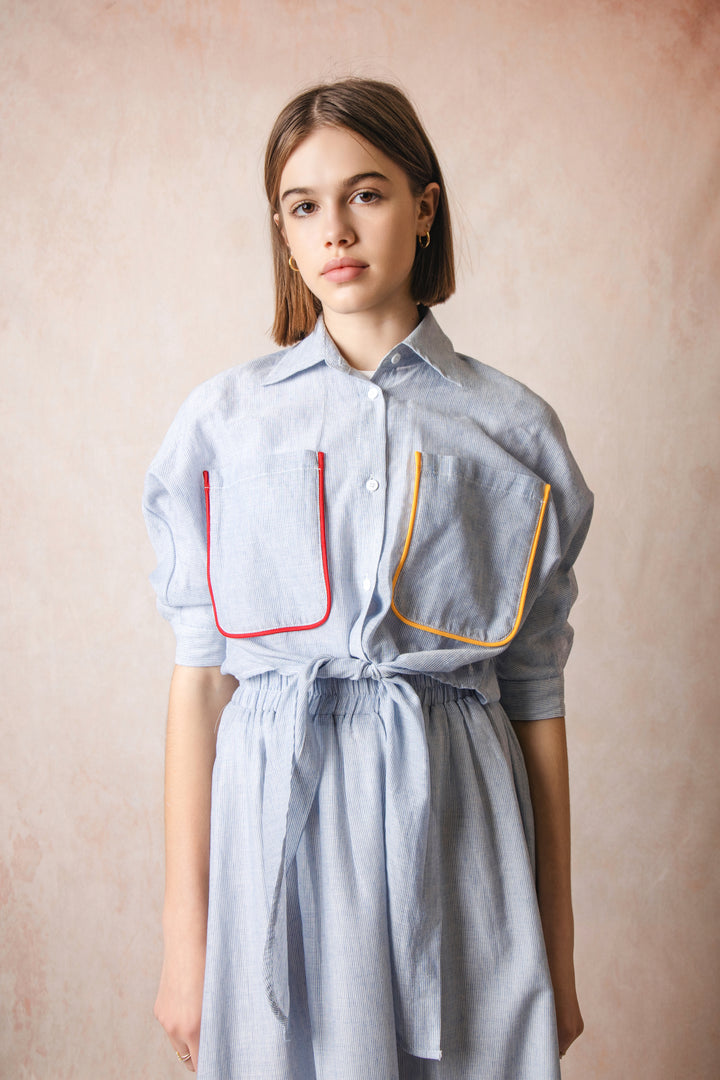 HSH653-PINSTRIPED TIE SHIRT-Blue