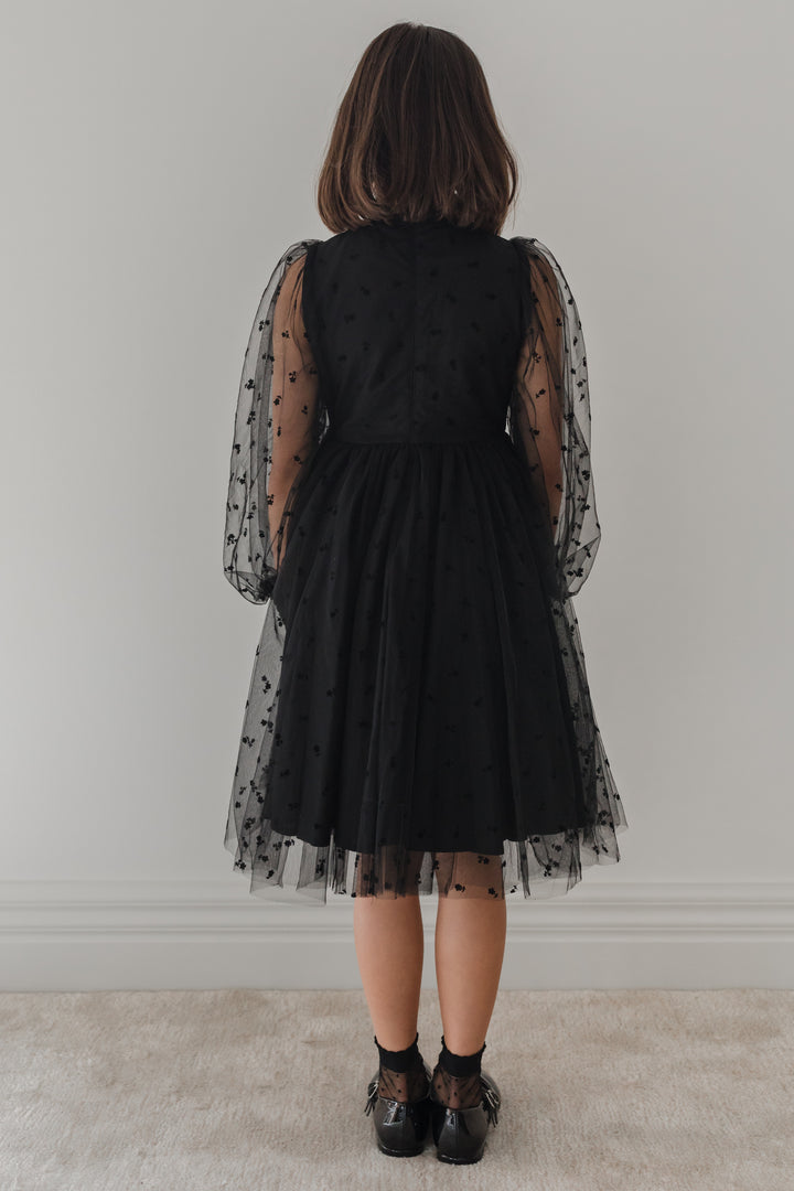 1233-Black Rose Flocked Mesh Bow Dress-Black