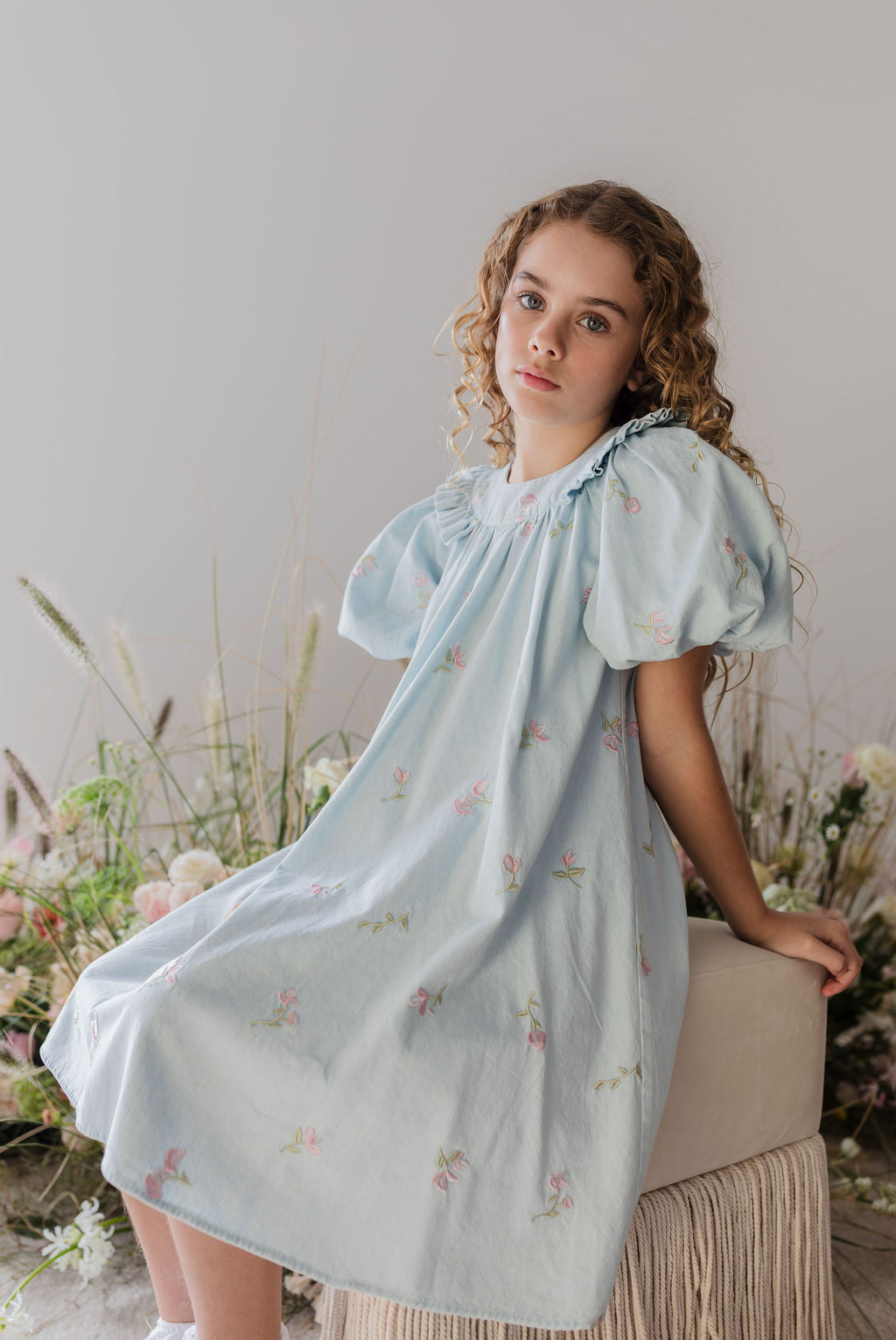 1284-Embroidered Chambray Babydoll Dress-Pale Wash Chambray