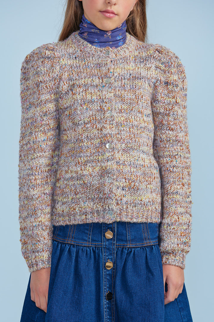 8121K/V2-Cosy Nnit Puff Sleeve Crew Cardigan-Rainbow