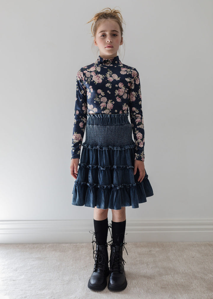 3120-Chambray Shirred Waist Skirt-Black Chambray