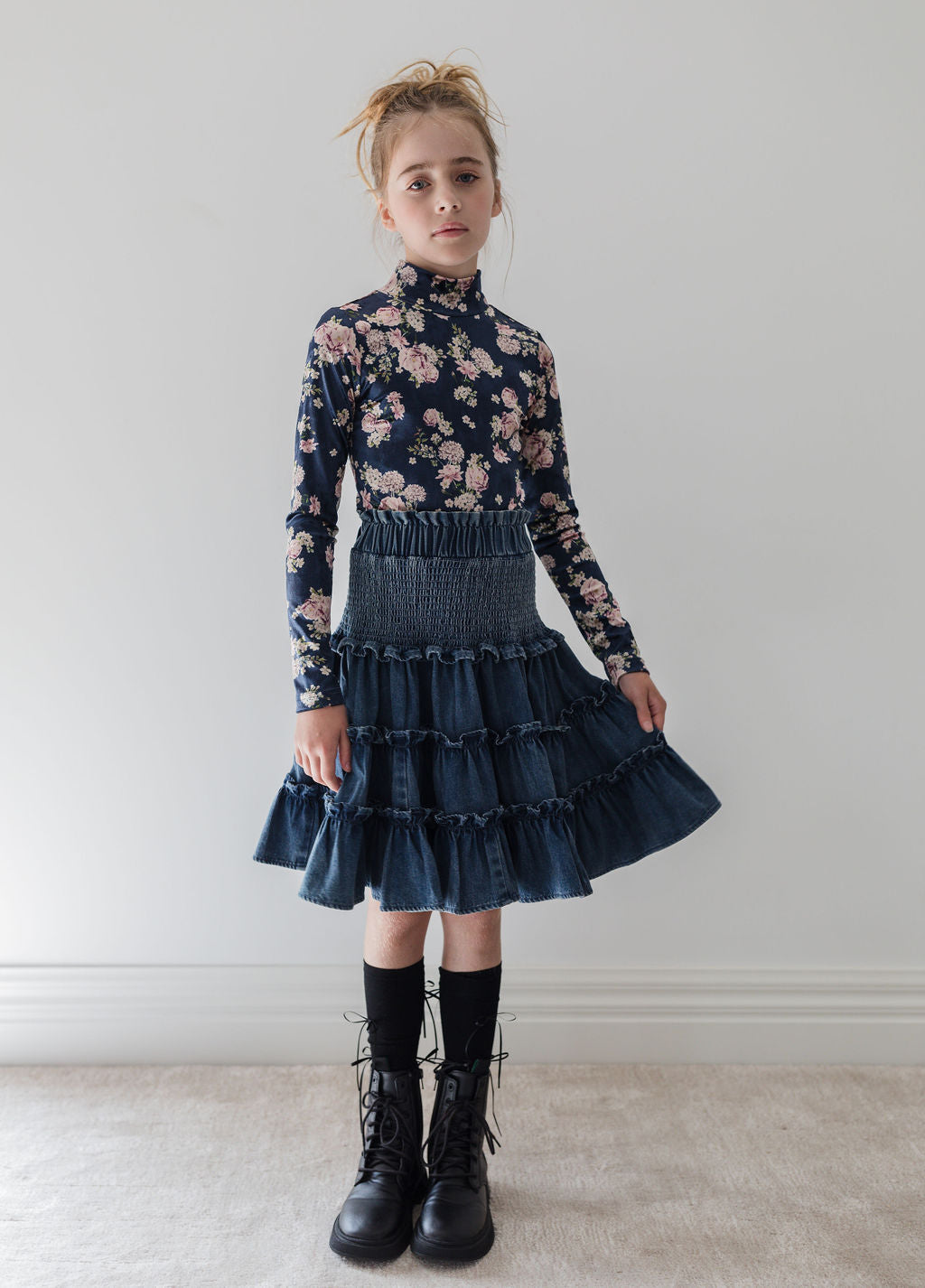 3120-Chambray Shirred Waist Skirt-Black Chambray
