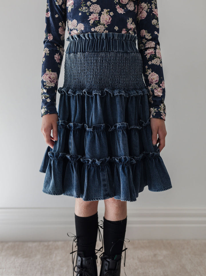 3120-Chambray Shirred Waist Skirt-Black Chambray