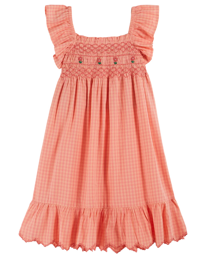 AB266-SMOCKED EMBROIDERED DRESS -VICHY PIVOINE