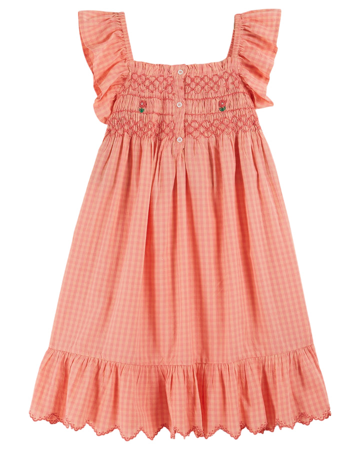 AB266-SMOCKED EMBROIDERED DRESS -VICHY PIVOINE