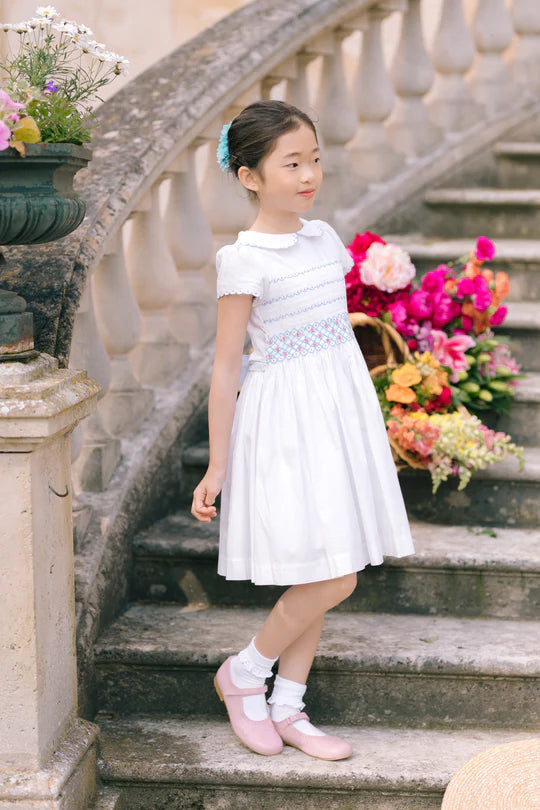 CASSIS WHITE SHORT SLEEVE SMOCKED DRESS