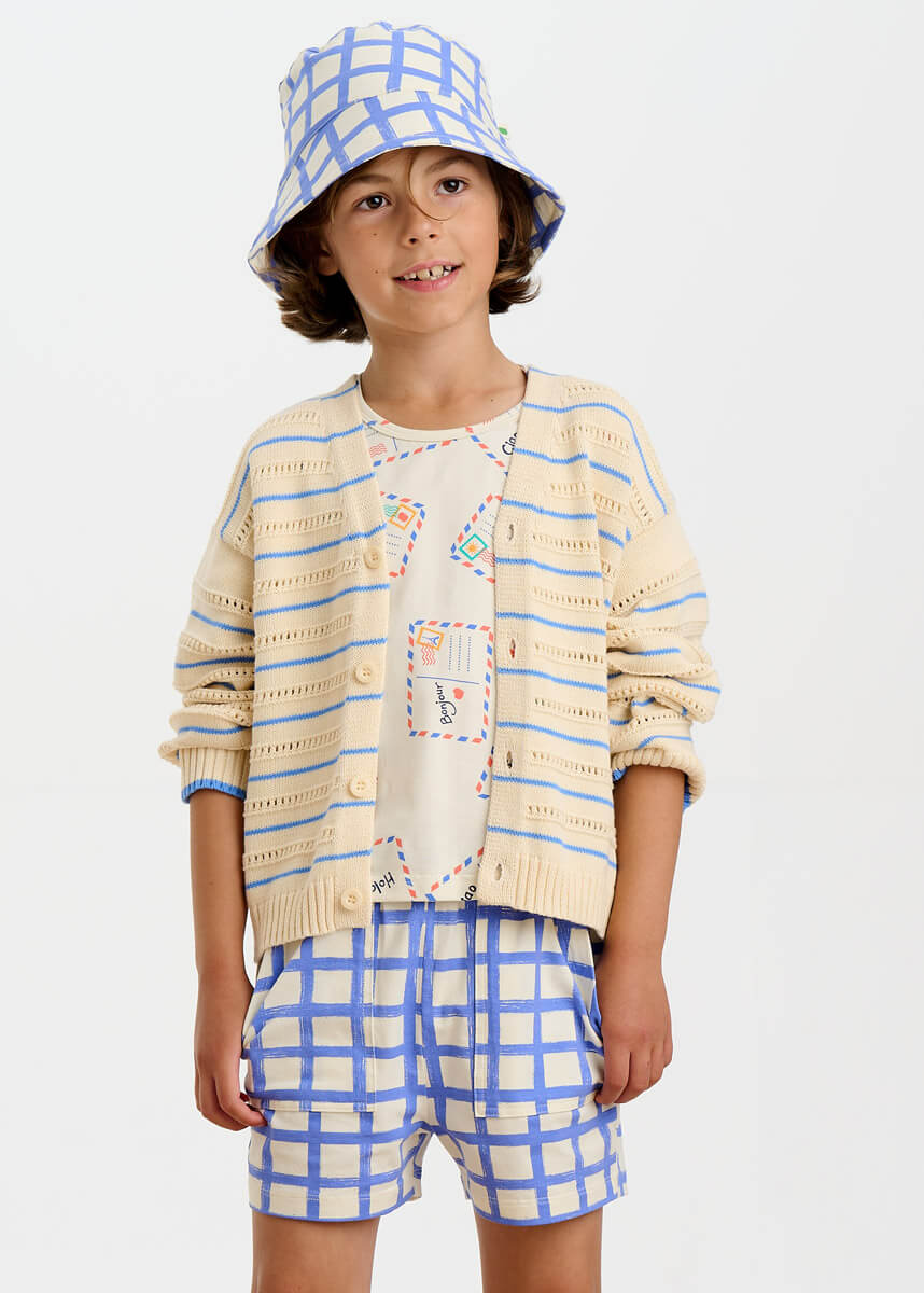 COMO 3670-POINTELLE STRIPE CARDIGAN-BLUE
