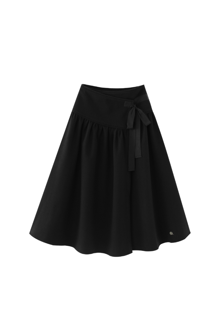 WRAP SKIRT WITH BOW-BLACK