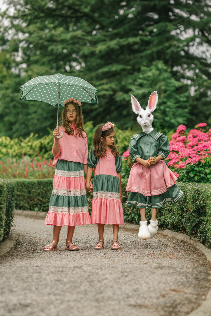 PANELLED MIX AND MATCH DRESS-GERANIUM PINK AND BASIL GREEN