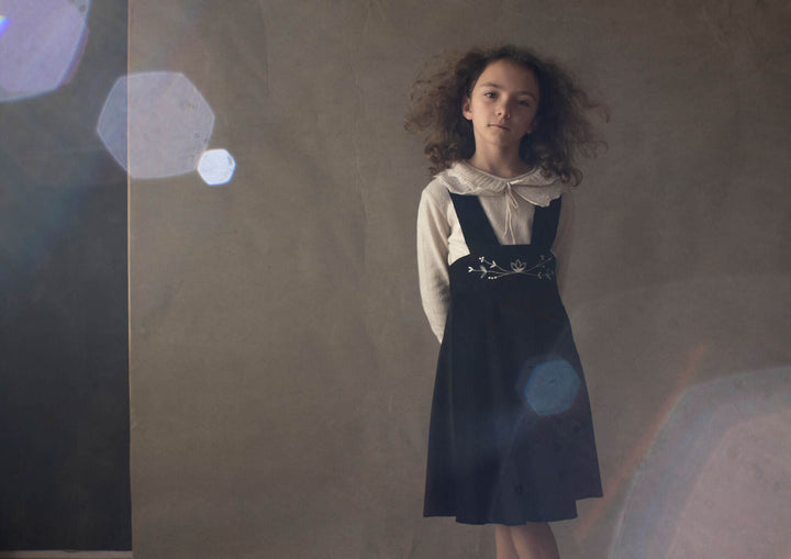 36.4-BLACK DUNGAREE DRESS W/EMBROIDERY