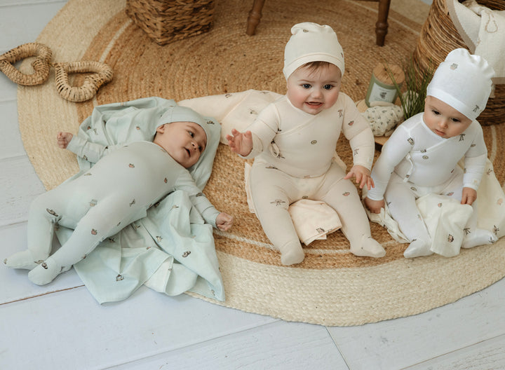 Picnic Footie/BEANIE SET-Natural/Pink Print