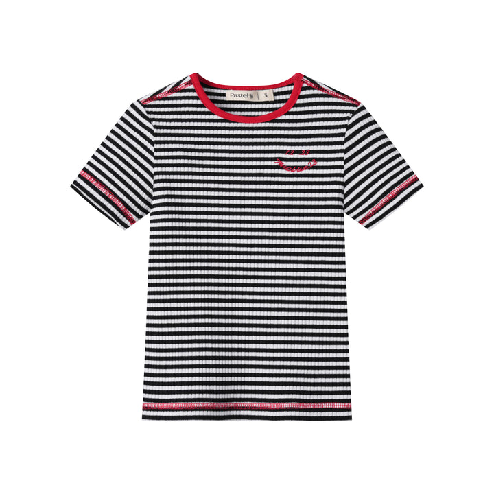 STRIPED RIBBED SHORT SLEEVE T-SHIRT-BLACK STRIPED