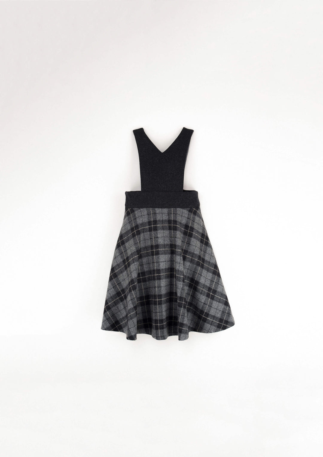 36.2-GREY CHECK WOOLEN DUNGAREE DRESS W/EMBROIDERY