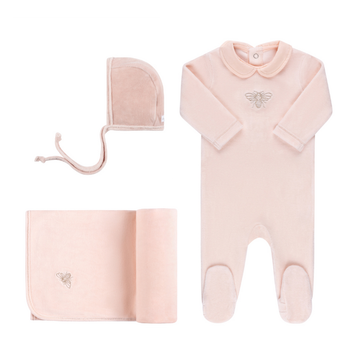 VELOUR EMBROIDERED-METALLIC BEE-3 PC SET-PINK