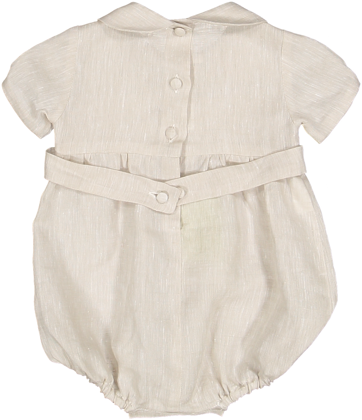SMOCKED BABY ROMPER IN ECRU LINEN