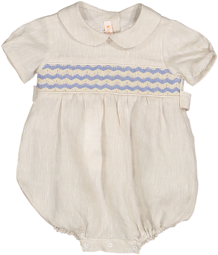 SMOCKED BABY ROMPER IN ECRU LINEN