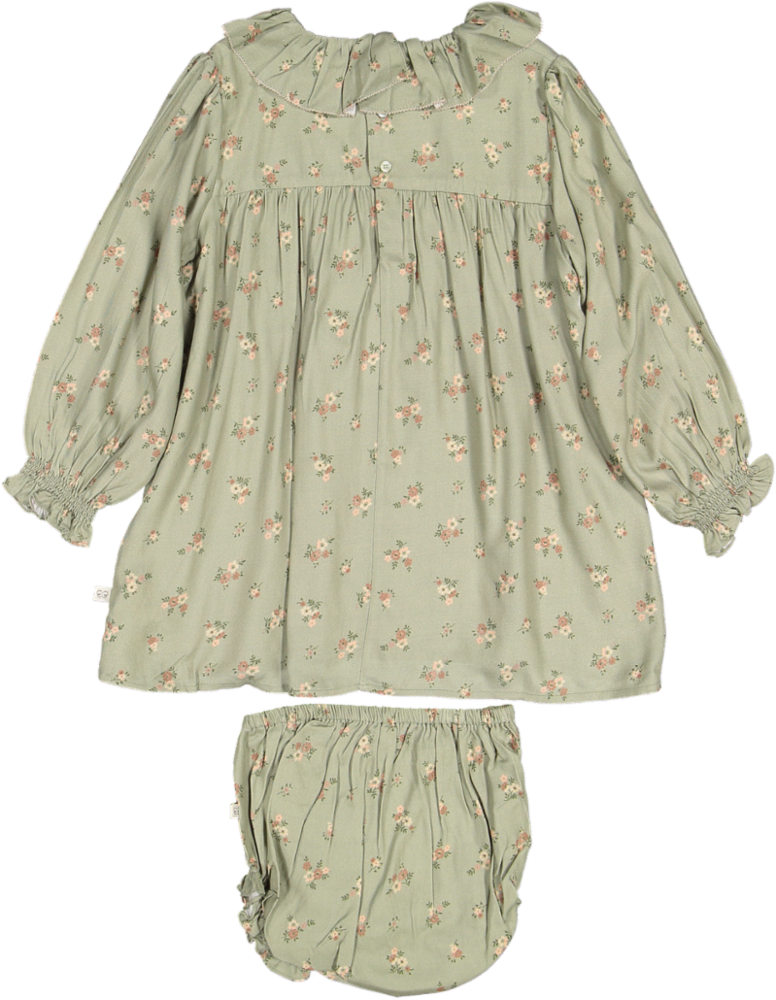 Libby Baby Dress and Bloomer-Printed Viscose Rayon Twill - Ditsy Bouquet Jade Print