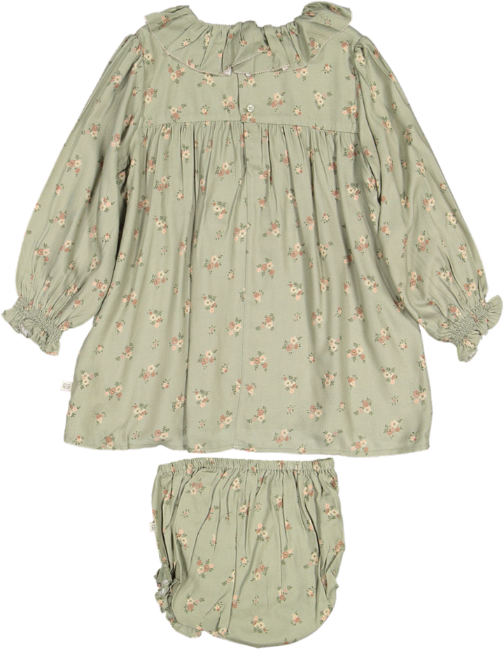 Libby Baby Dress and Bloomer-Printed Viscose Rayon Twill - Ditsy Bouquet Jade Print