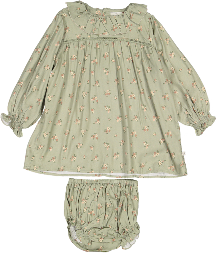 Libby Baby Dress and Bloomer-Printed Viscose Rayon Twill - Ditsy Bouquet Jade Print