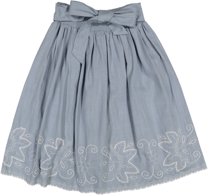 TS5025S-BLUE SMOCKING WAIST EMBROIDERY BOTTOM LINEN SKIRT