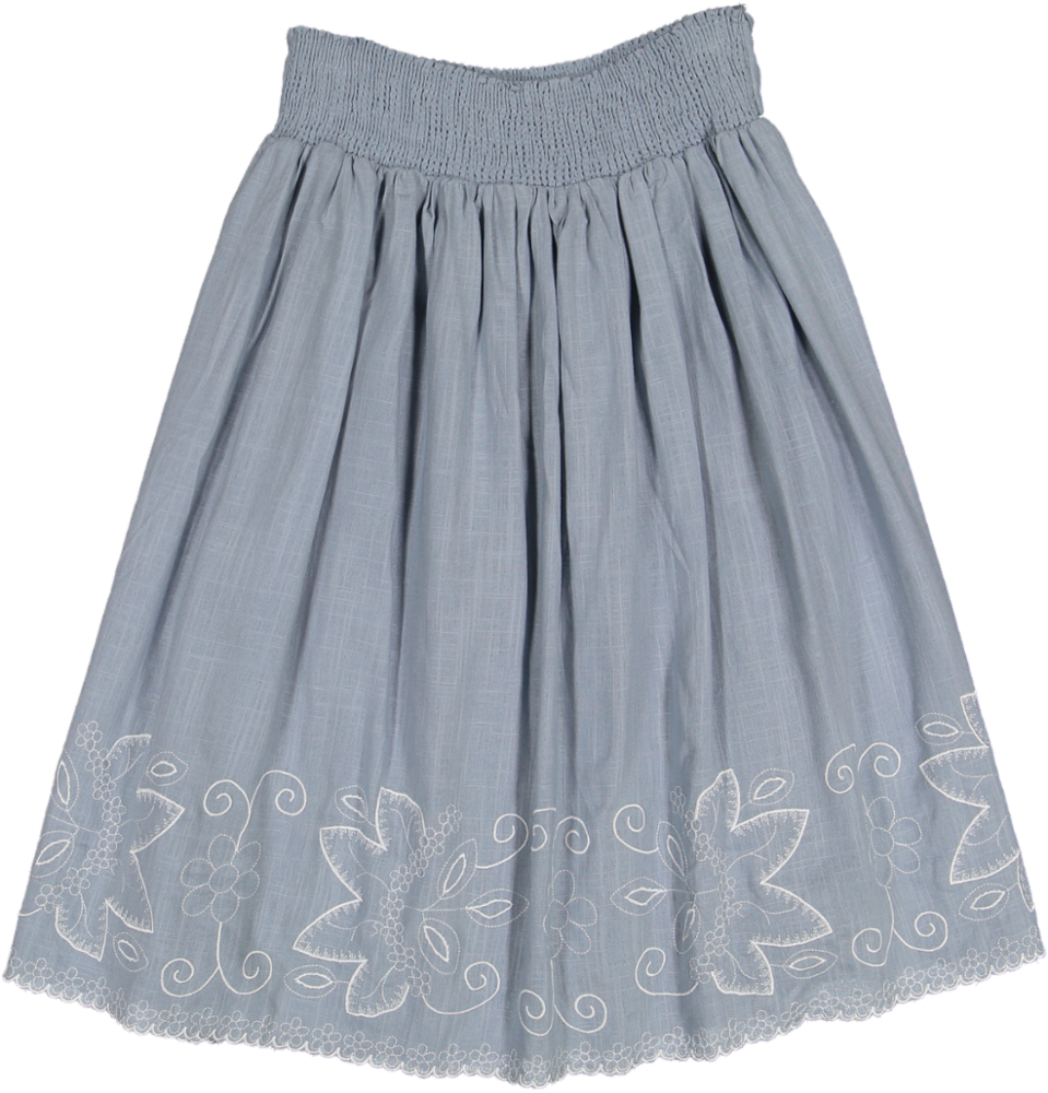 TS5025S-BLUE SMOCKING WAIST EMBROIDERY BOTTOM LINEN SKIRT