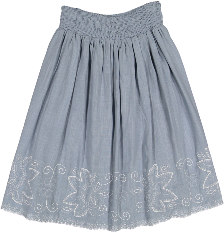 TS5025S-BLUE SMOCKING WAIST EMBROIDERY BOTTOM LINEN SKIRT